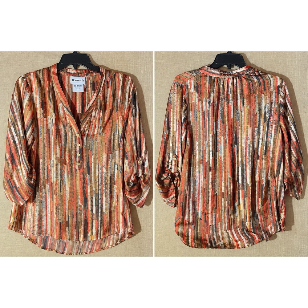 BonWorth Womens Large Multicolor Abstract Stripe V Neck Button Blouse Top 42202
